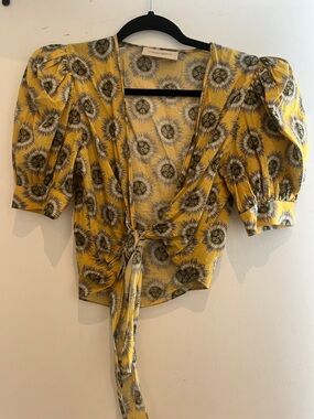 Tie-Front Puff Sleeve Floral Top - Mustard Yellow